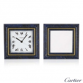 Cartier Brass Lapis Enamel Desk Clock & Matching Photo Frame Cartier Brass Lapis Enamel Desk Clock & Matching Photo Frame